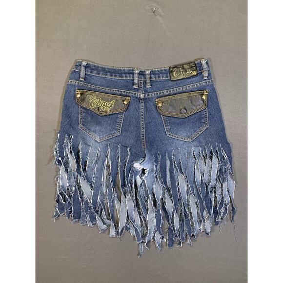 COOGI Frayed Fringe Embroidered Cut-off Jeans Leather Patchwork Y2K Grunge - Picture 2 of 15